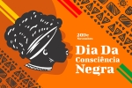 Dia da Consciência Negra - ilustração em fundo laranja e motivos afros 