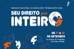 Arte da Semana em cores azul, laranja e branco. Seu Direito por Inteiro, com a letra ó formando um quebra-cabeça