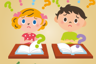Ilustração de duas crianças em carteiras escolares com livros abertos a sua frente e interrogações coloridas sobre as cabeças com o texto Dúvidas comuns