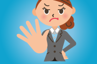 Ilustração de uma mulher com cara séria e mão espalmada à frente indicando páre com o texto Denuncie