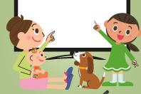 Ilustração de uma mãe segurando um bebê, um cachorro e uma criança apontando para uma grande tela de tv com o texto Documentário