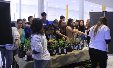 Foto mostra um grupo de jovens e adultos reunidos ao redor de uma mesa onde estão expostas diversas mudas de plantas. As pessoas parecem interessadas nas mudas, com algumas apontando para as plantas e outras conversando