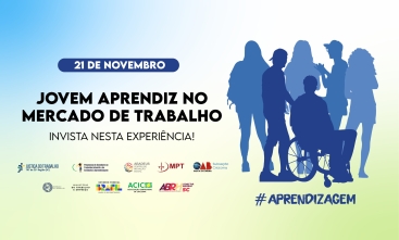 A imagem é um cartaz que promove um evento sobre jovens aprendizes no mercado de trabalho, marcado para 21 de novembro. Mostra o texto "Jovem Aprendiz no Mercado de Trabalho – Invista nesta experiência!" e exibe logos de apoiadores como TRT-SC e MPT. À direita, há silhuetas de jovens, incluindo uma pessoa em cadeira de rodas.