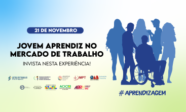 A imagem é um gráfico promocional para um evento. O texto principal, em branco e amarelo, anuncia “JOVEM APRENDIZ NO MERCADO DE TRABALHO”. Abaixo, há informações adicionais sobre o evento.