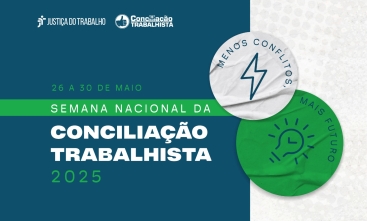 Ilustração de fundo azul escuro e cinza, com os dizeres "Semana da Conciliação Trabalhista"