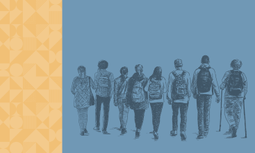 A imagem mostra um grupo de nove jovens caminhando de costas, todos com mochilas. Um deles usa muletas. O fundo é azul e, à esquerda, há uma faixa amarela com formas geométricas. A ilustração tem estilo de desenho à mão. Não há textos.