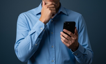 Fotografia ilustrativa de homem usando camisa social enquanto segura um celular em uma das mãos e com a outra segura o próprio queixo