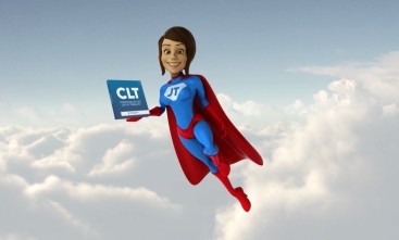 Imagem ilustrativa de uma mulher super heroína voando e com uma CLT na mão, acima das nuvens