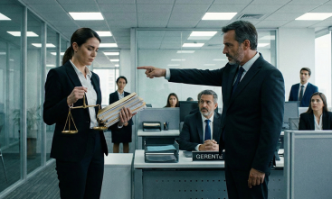 Homem indica a saída para uma mulher segurando a balança da justiça.