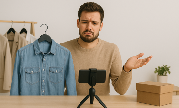 Homem mostrando uma camisa na frente de um celular