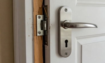 Fotografia ilustrativa com foco em uma porta branca com fechadura arrombada