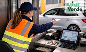 Mulher trabalhando em cabine de pedágio
