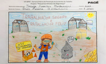 Desenho mostra uma criança usando capacete de segurança. Ao fundo, lê-se a frase Trabalhador Seguro é Trabalhador Feliz
