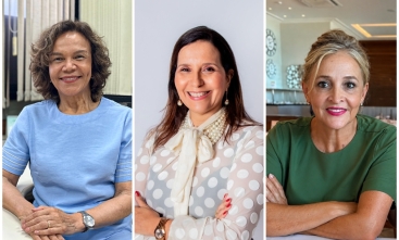 Composição mostrando fotos de três mulheres sorridentes