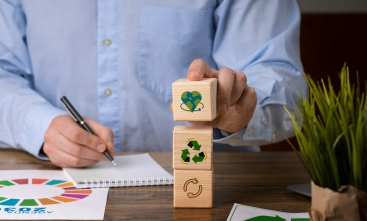Foto de um homem empilhando cubos com imagens sobre sustentabilidade