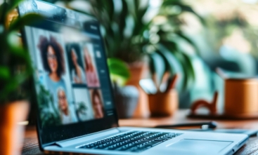 Fotografia ilustrativa em que notebook exibe videoconferência com quatro participantes na tela