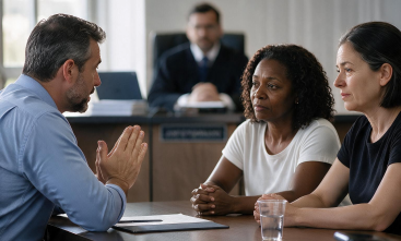 Uma mulher negra e uma branca estão de frente para um homem, sentados, durante uma audiência trabalhista