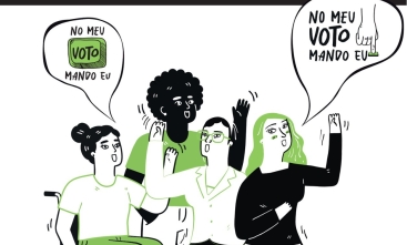 Ilustração mostra quatro pessoas, incluindo uma pessoa em cadeira de rodas, com os braços levantados. Acima delas, dois balões trazem a frase “No meu voto, mando eu”, acompanhada do desenho de uma urna eleitoral.