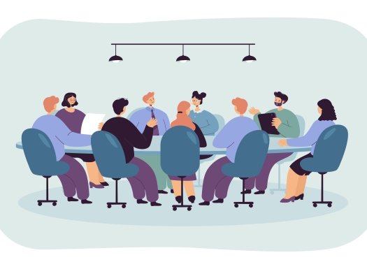 Imagem ilustrativa de uma reunião entre homens e mulheres, sentados em uma mesa redonda