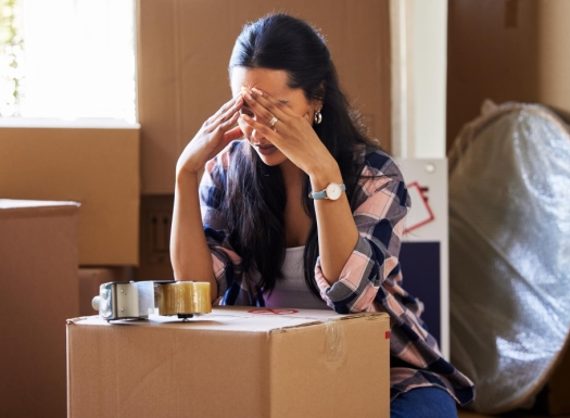 Foto de uma mulher sentada de cabeça baixa com várias caixas de mudança