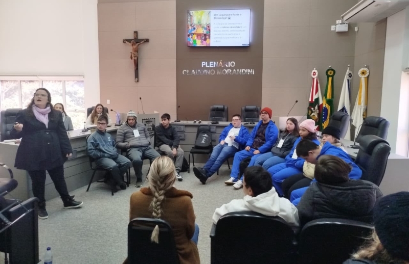 Grupo de 9 jovens acompanham uma sessão na Câmara de Vereadores de Joaçaba