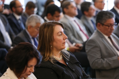 Mulher com vestido preto sentada assistindo reunião