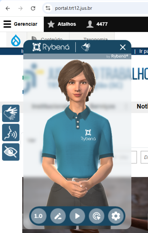 Para todos verem: Imagem do Rybená no portal do TRT-SC em que há uma mulher, vestindo uma camiseta azul e uma calça preta.