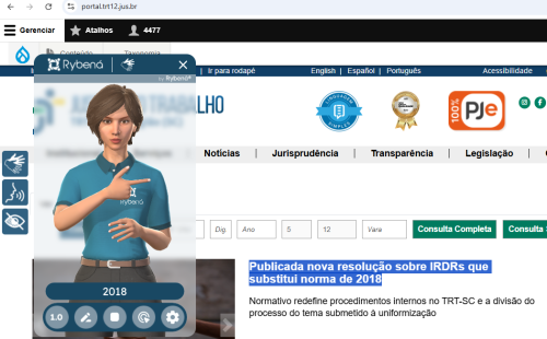 Para todos verem: Imagem do Rybená no portal do TRT-SC na opção “selecionar texto”. 