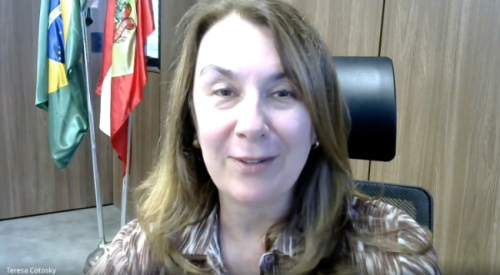 Captura de tela de mulher olhando para câmera e sorrindo levemente. Ao fundo, há bandeiras do Brasil e de Santa Catarina, e uma parede de madeira