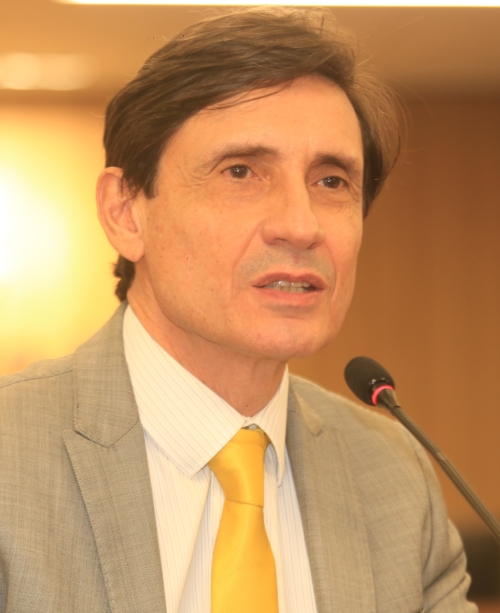 Foto de homem branco, cabelos pretos, vestindo terno cinza e gravata amarela. Ele fala ao microfone