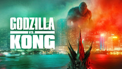 Para todos verem: Texto: "Godzilla vs. Kong". Ilustração: Banner em que há o King Kong e o Godzilla se encarando em uma cidade. O King Kong está entre os prédios e o Godzilla no mar.