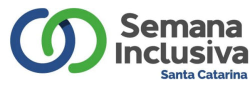 Para todos verem: Texto: "Semana Inclusiva Santa Catarina”. Ilustração: Logo da semana inclusiva em que há dois círculos parcialmente abertos entrelaçados. Um círculo é azul e o outro círculo é verde.