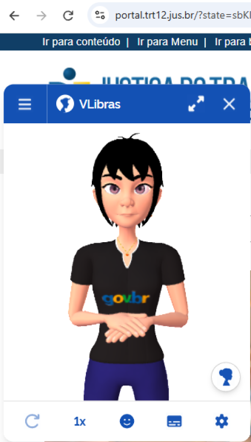 Para todos verem: Imagem do VLibras no portal do TRT-SC em que há uma mulher, vestindo uma camiseta preta e uma calça azul.