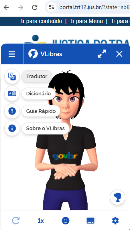 Para todos verem: Imagem do VLibras no portal do TRT-SC na opção “Tradutor”.