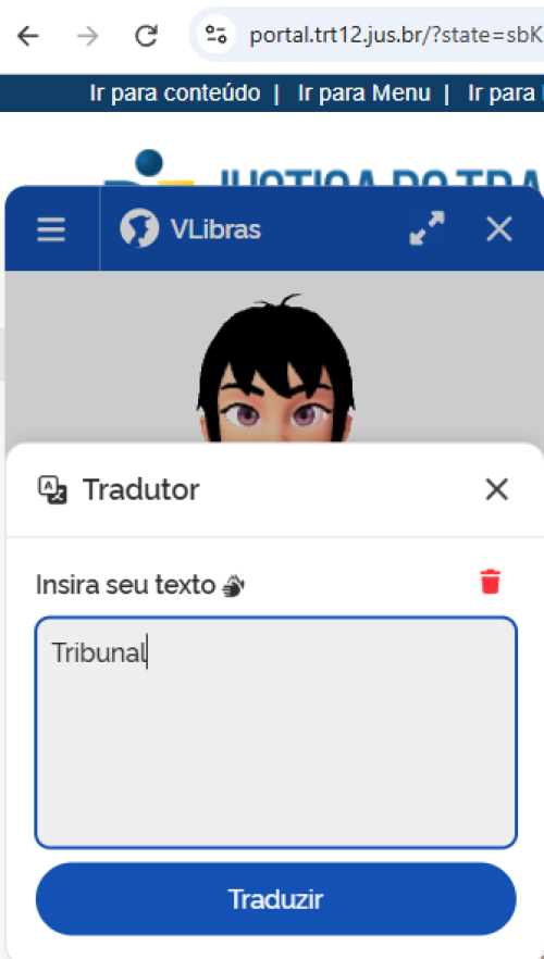  Para todos verem: Imagem do VLibras no portal do TRT-SC na opção “Insira seu texto”.