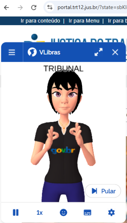Para todos verem: Imagem do VLibras no portal do TRT-SC realizando a tradução para Libras.