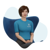 Para todos verem: Imagem de uma mulher, vestindo uma camiseta azul e uma calça preta, sentada em uma poltrona azul.