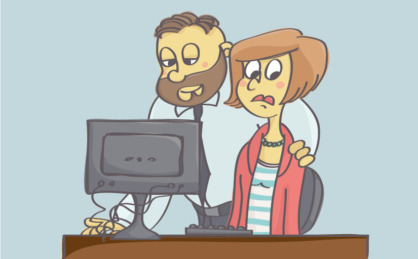 Desenho de um homem com a mão no ombro de uma mulher que está sentada diante do computador, sugerindo inconveniência por parte dele