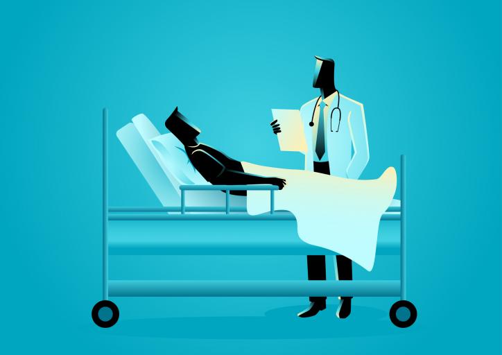 Ilustração estilizada mostra médico atendendo paciente, que está deitado de forma reclinada em uma maca de hospital