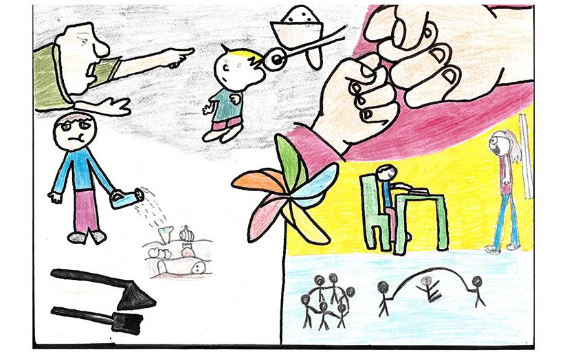 Desenho do aluno Kauê, de Palhoça, que à esquerda mostra crianças tristes por estarem trabalhando e à direita crianças felizes na escola. 