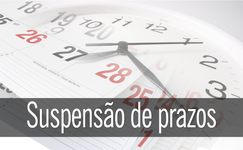 imagem de um relógio analógico com a frase "suspensão de prazos"