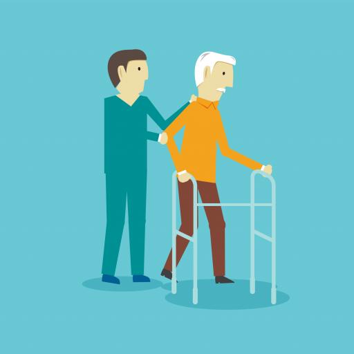 Ilustração estilizada mostra um fisioterapeuta de uniforme verde. Ele auxilia um idoso a anda com um andador.
