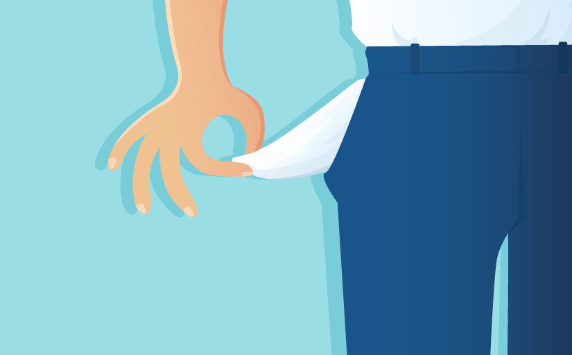 Ilustração estilizada mostra cintura de um homem, que puxa o bolso vazio da calça azul.