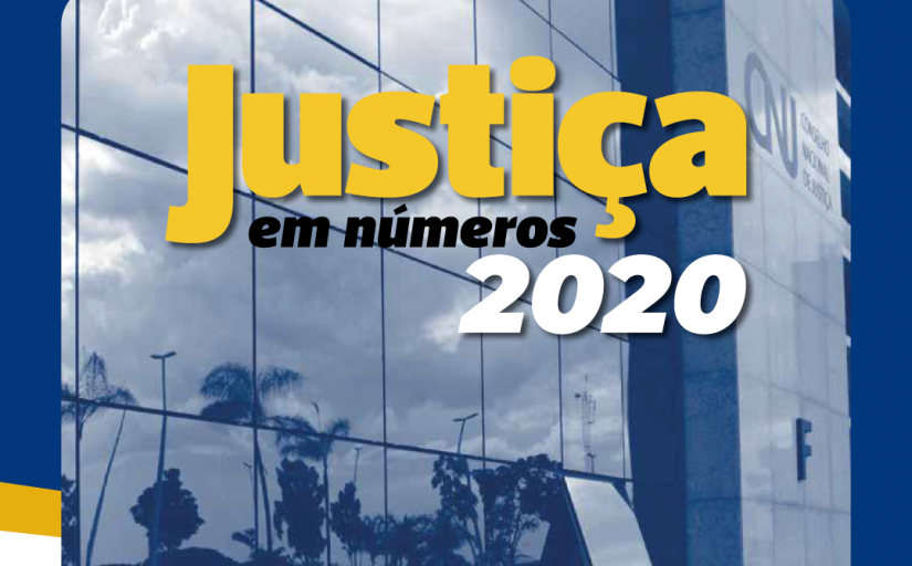 Arte com prédio do CNJ ao fundo, em azul, com o texto Justiça em Números 2020 sobreposto, em letras grandes nas cores amarelo, preto e branco.