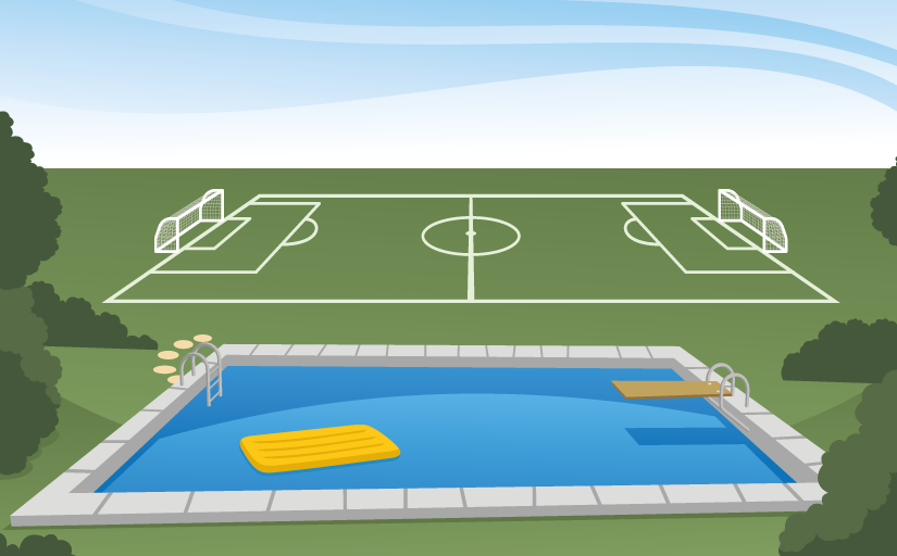 Ilustração mostra campo de futebol próximo a piscina, em dia ensolarado