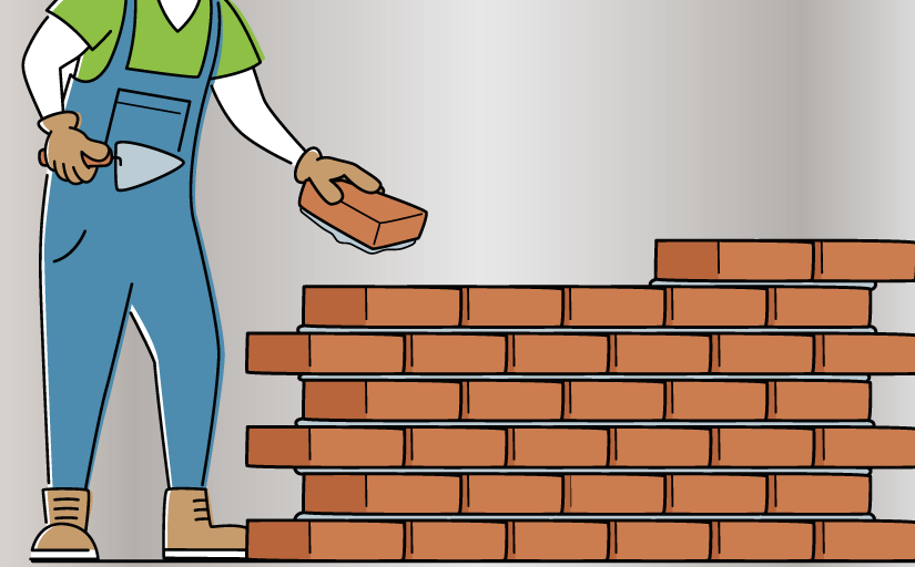 Ilustração mostra um pedreiro segurando uma pequena pá enquanto ergue um muro de tijolos.