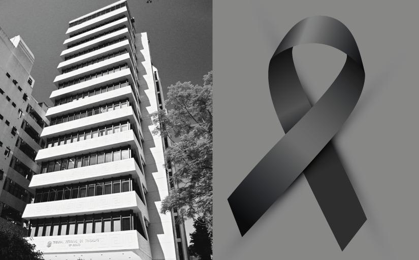 Imagem do TRT em preto e branco com o laço preto simbolizando luto