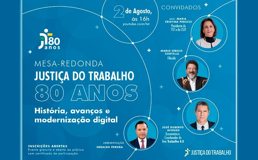 Imagem de divulgação da Mesa-Redonda: "Justiça do Trabalho: 80 anos - história, avanços e modernização digital"