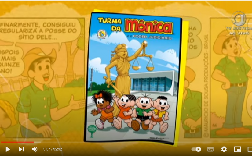 Captura de tela mostrando um gibi da turma da mônica sobre um fundo amarelo sobreposto a uma tirinha de gibi