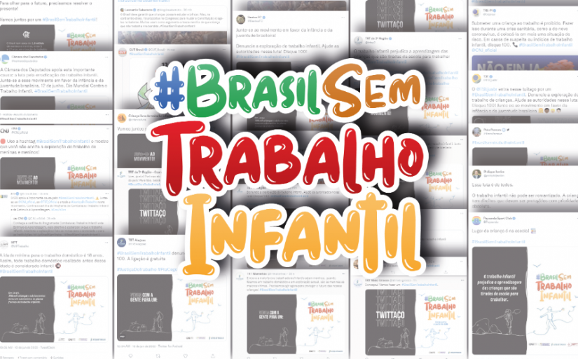 Fundo com mosaico formado por tweets publicados com a hashtag e o sticker do #BrasilSemTrabalhoInfantil